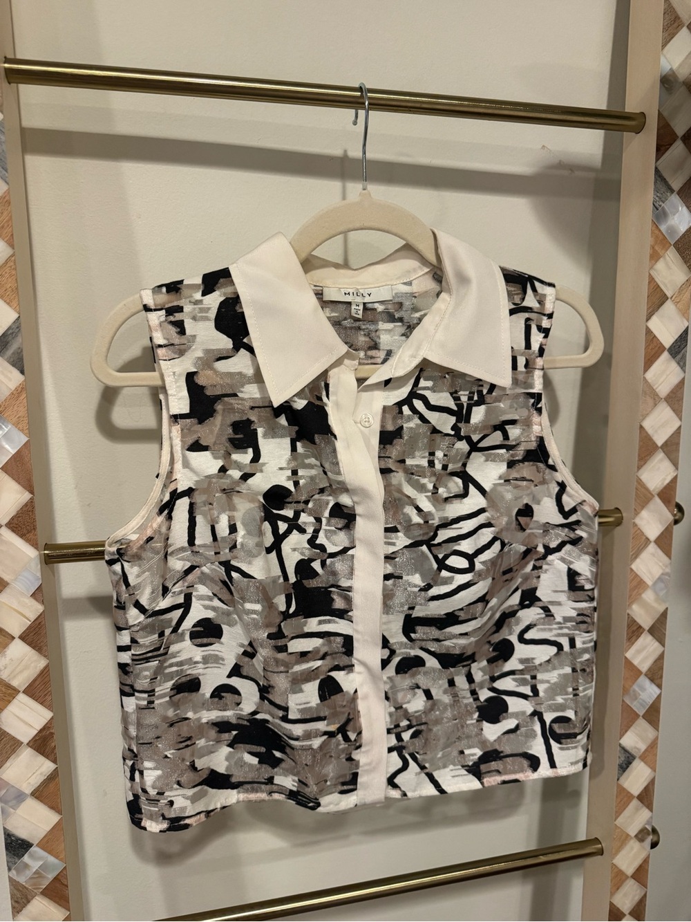 Milly Sleeveless Abstract Print Silk Blend Collared Blouse Top Size M